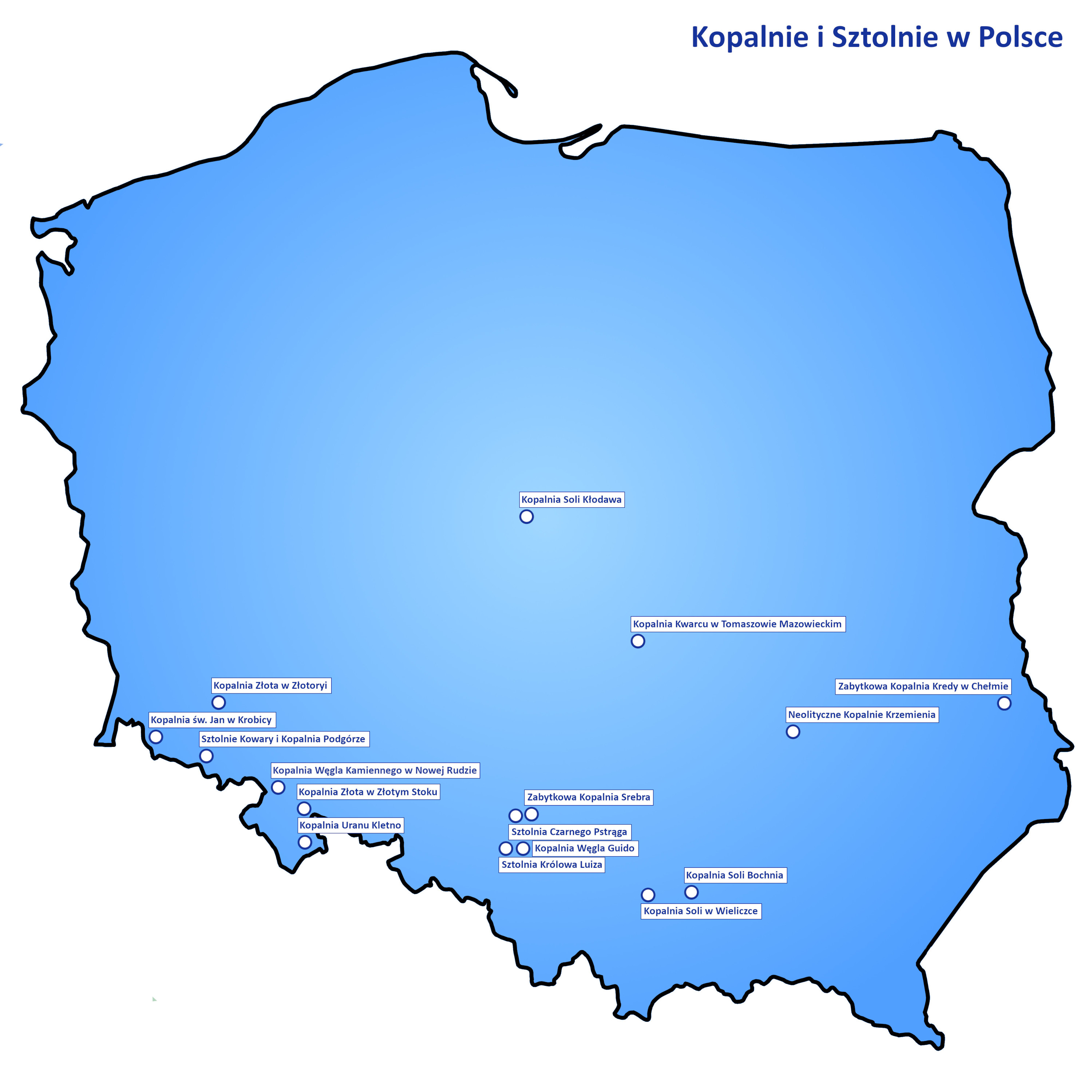 Mapa kopalni i sztolni w Polsce