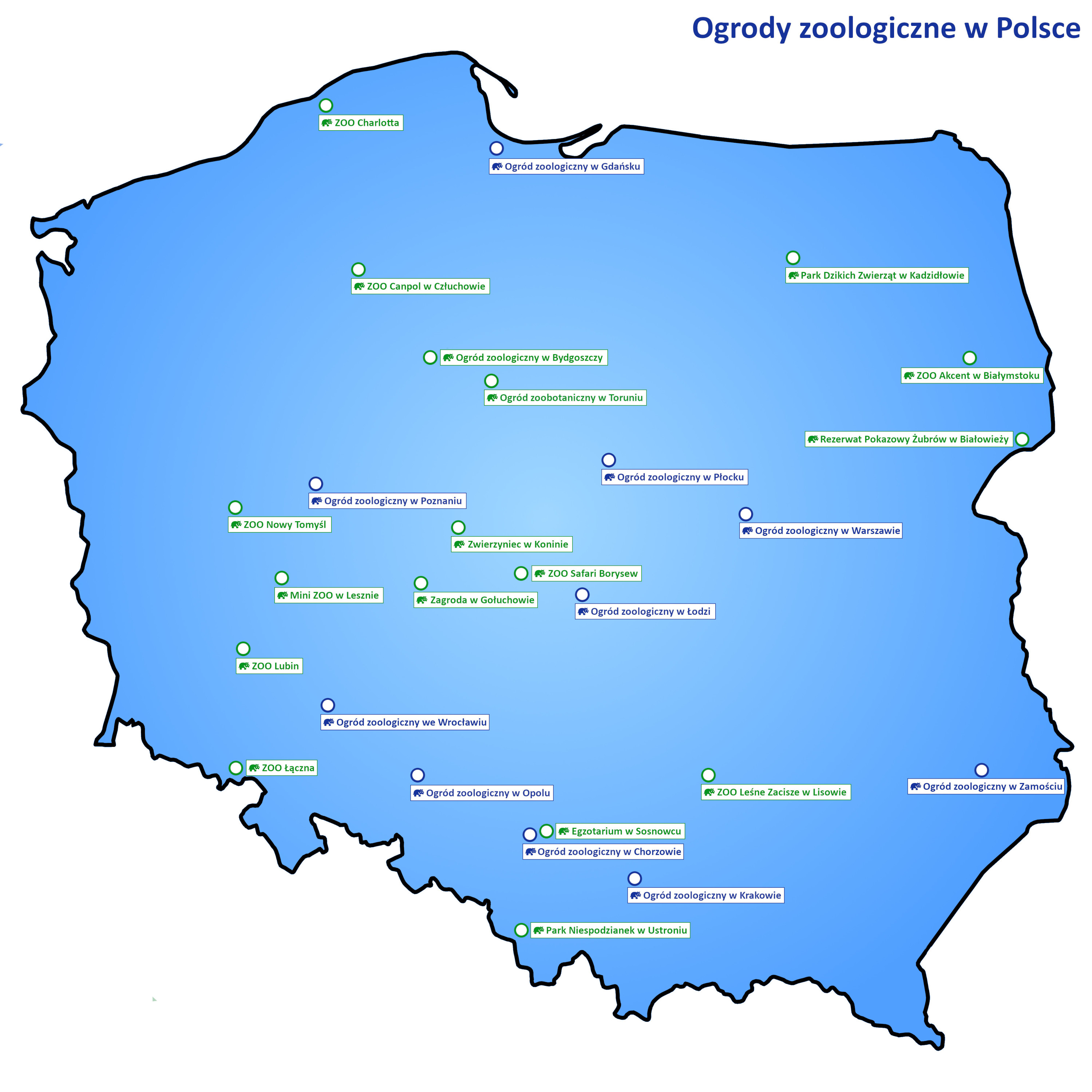 Mapa ogrodów zoologicznych w Polsce